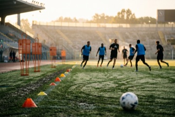Allenamento mattutino su un campo di calcio con coni e palloni