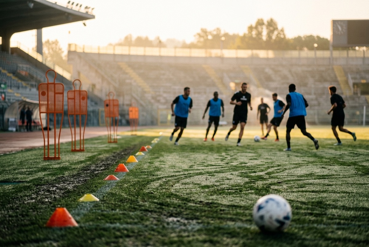Allenamento mattutino su un campo di calcio con coni e palloni
