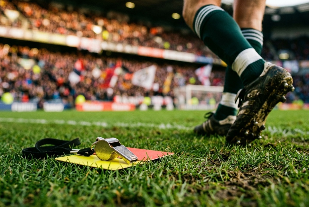 Fischietto da arbitro appoggiato su un prato verde, senza simboli di squadra