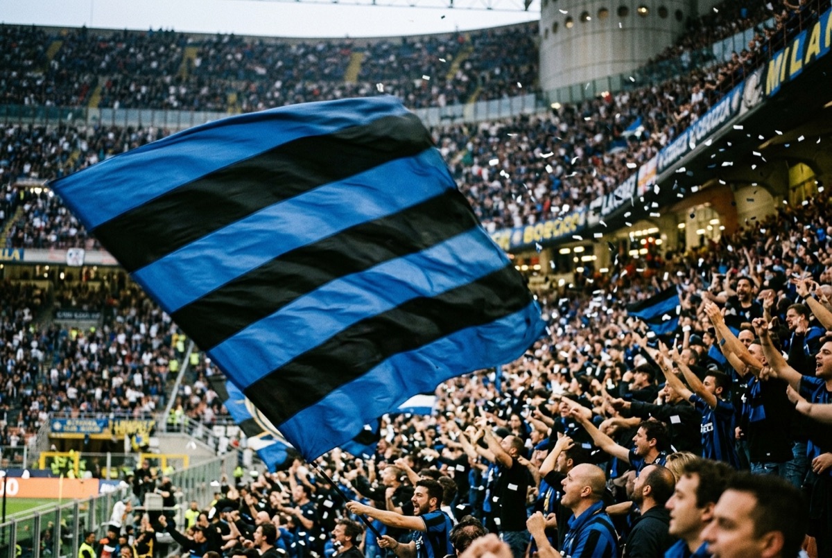 Una grande bandiera nerazzurra sventolata sugli spalti di uno stadio tra i coriandoli