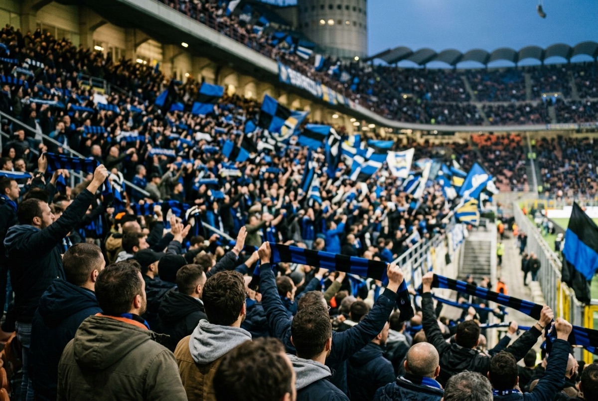 Curva Nord dello stadio Meazza con tifosi nerazzurri e bandiere