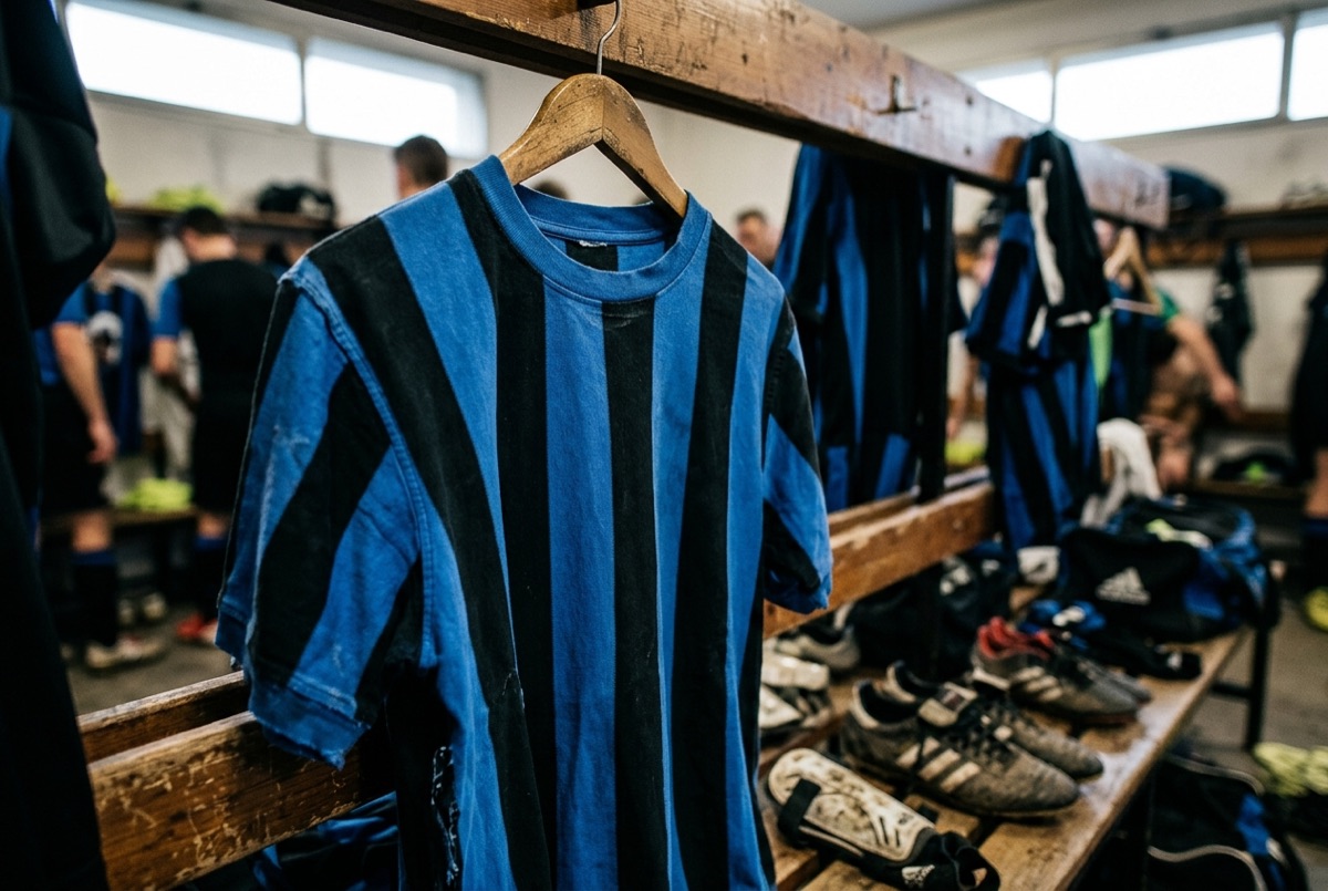 Dettaglio delle strisce nere e azzurre di una maglia dell'Inter