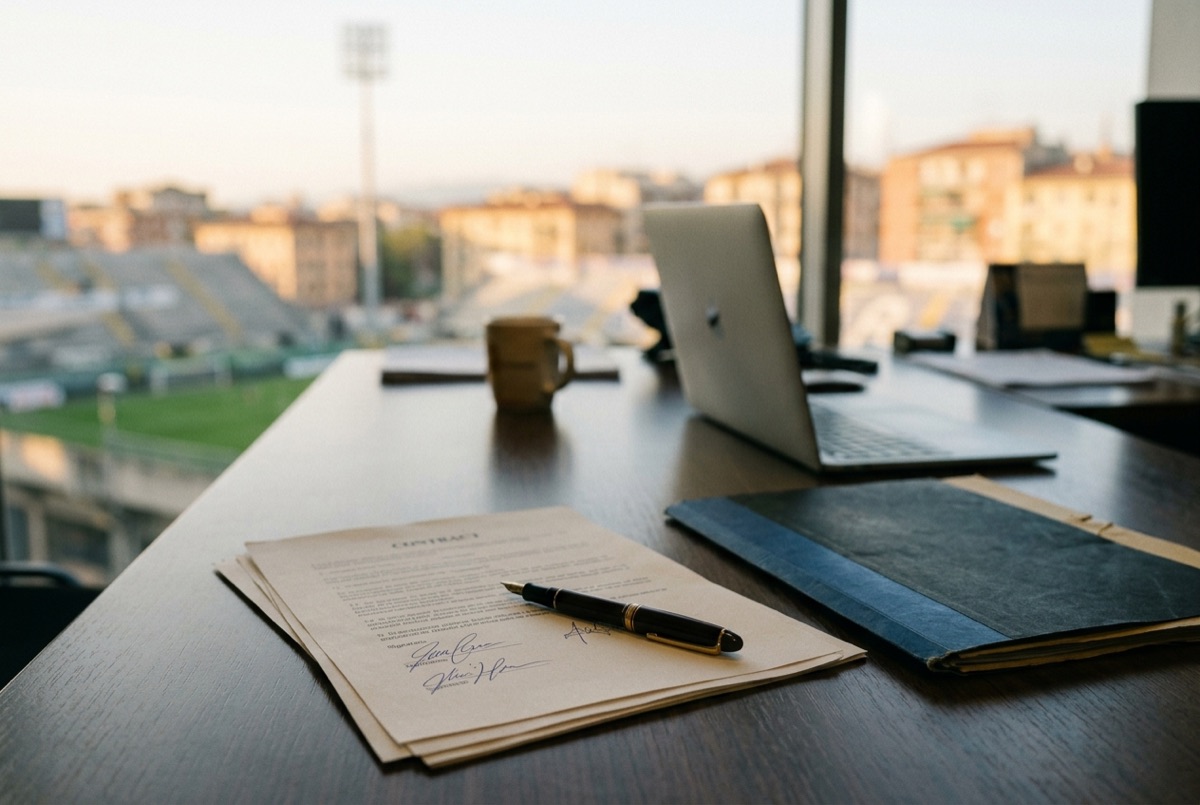 Scrivania di un ufficio con documenti e cartelline, atmosfera da trattativa di mercato