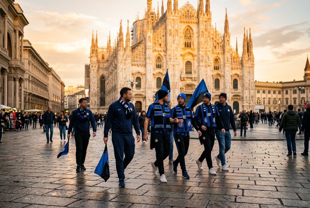 Piazza del Duomo a Milano con tifosi nerazzurri in strada verso lo stadio