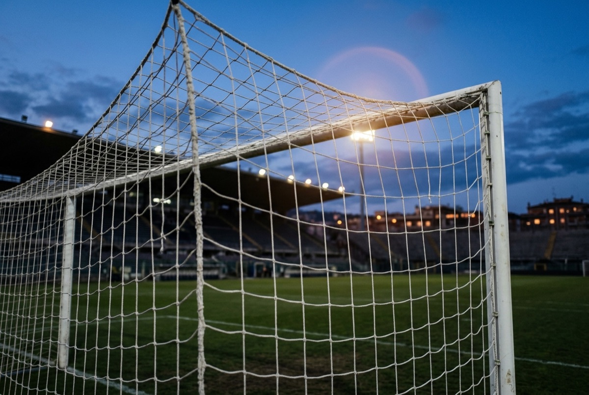 Porta con rete e palo di uno stadio di calcio, dettaglio in primo piano