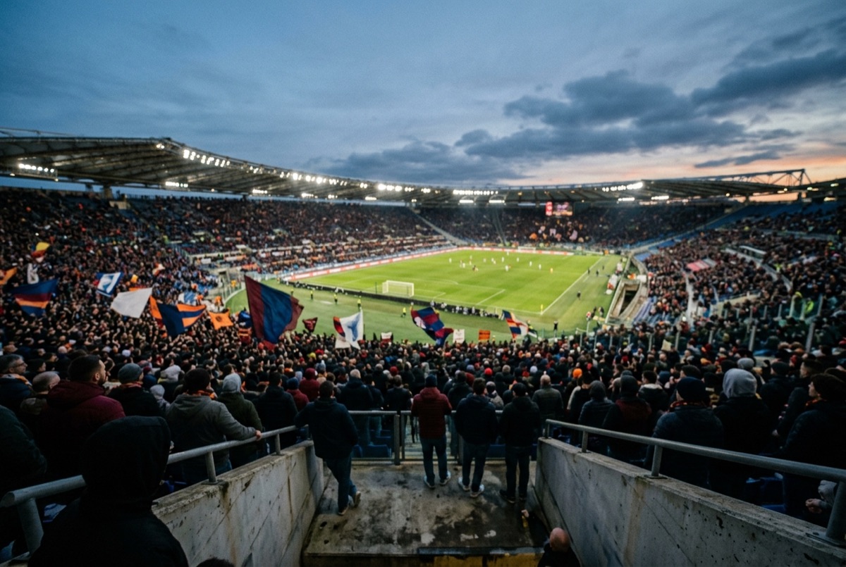 Veduta panoramica di uno stadio di Serie A con il campo e le tribune gremite
