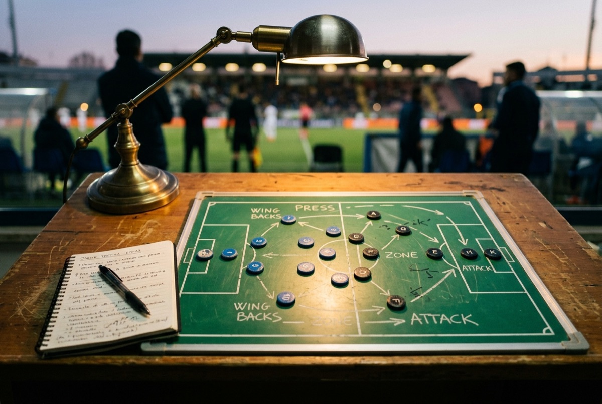 Lavagna tattica con moduli e movimenti di gioco disegnati su un campo da calcio