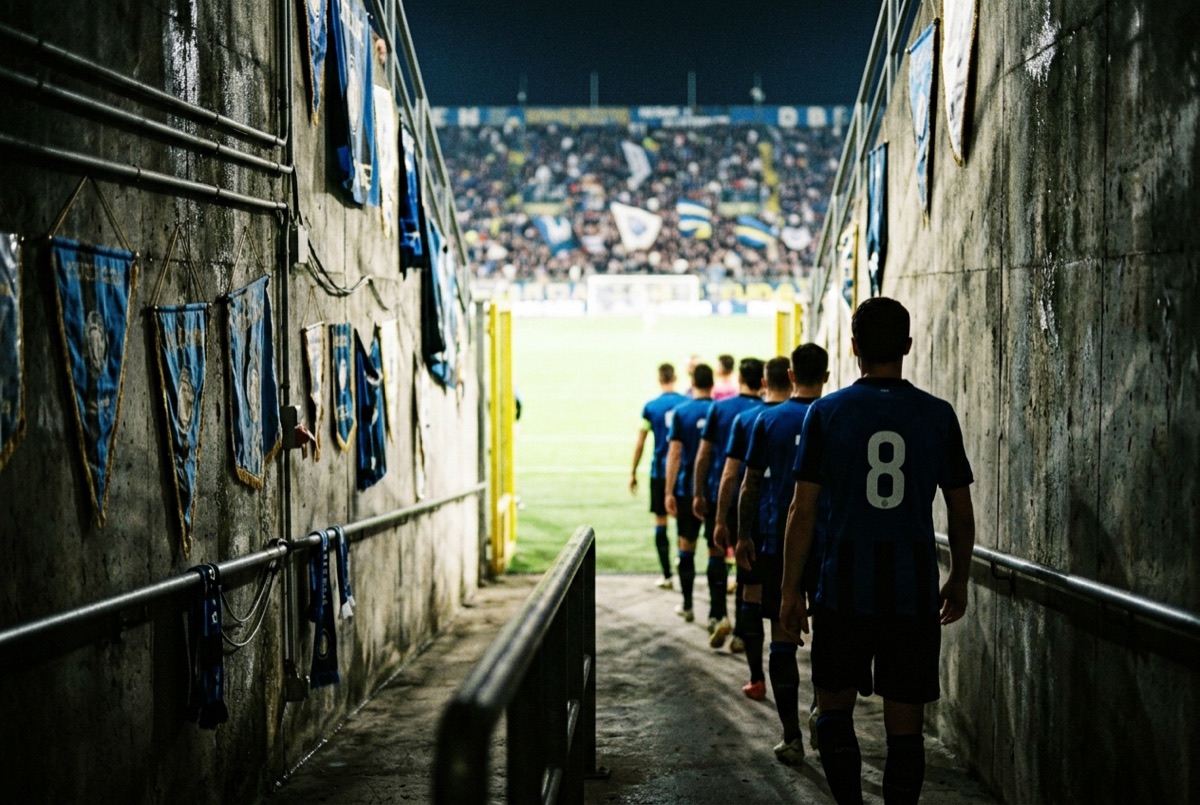 Tunnel degli spogliatoi di uno stadio italiano con gagliardetti nerazzurri alle pareti