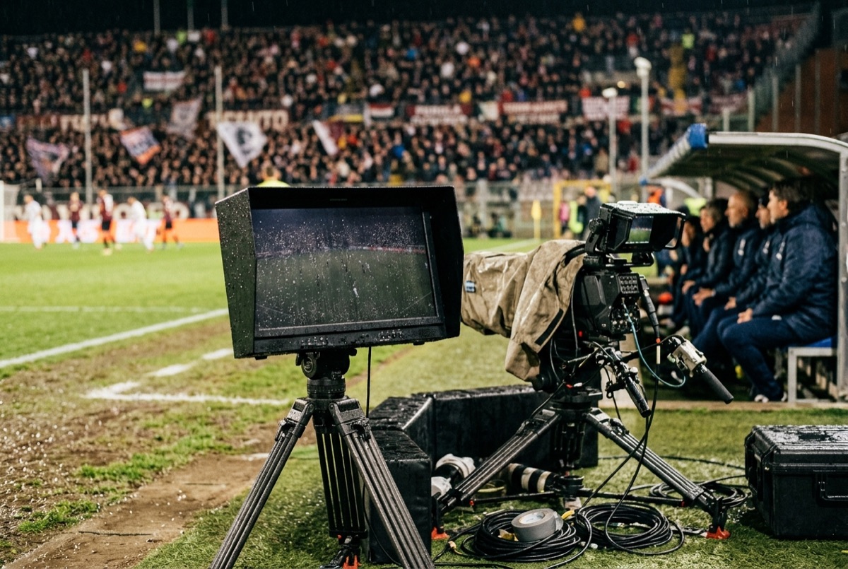 Monitor di regia a bordo campo con le immagini di una partita, senza loghi di squadra